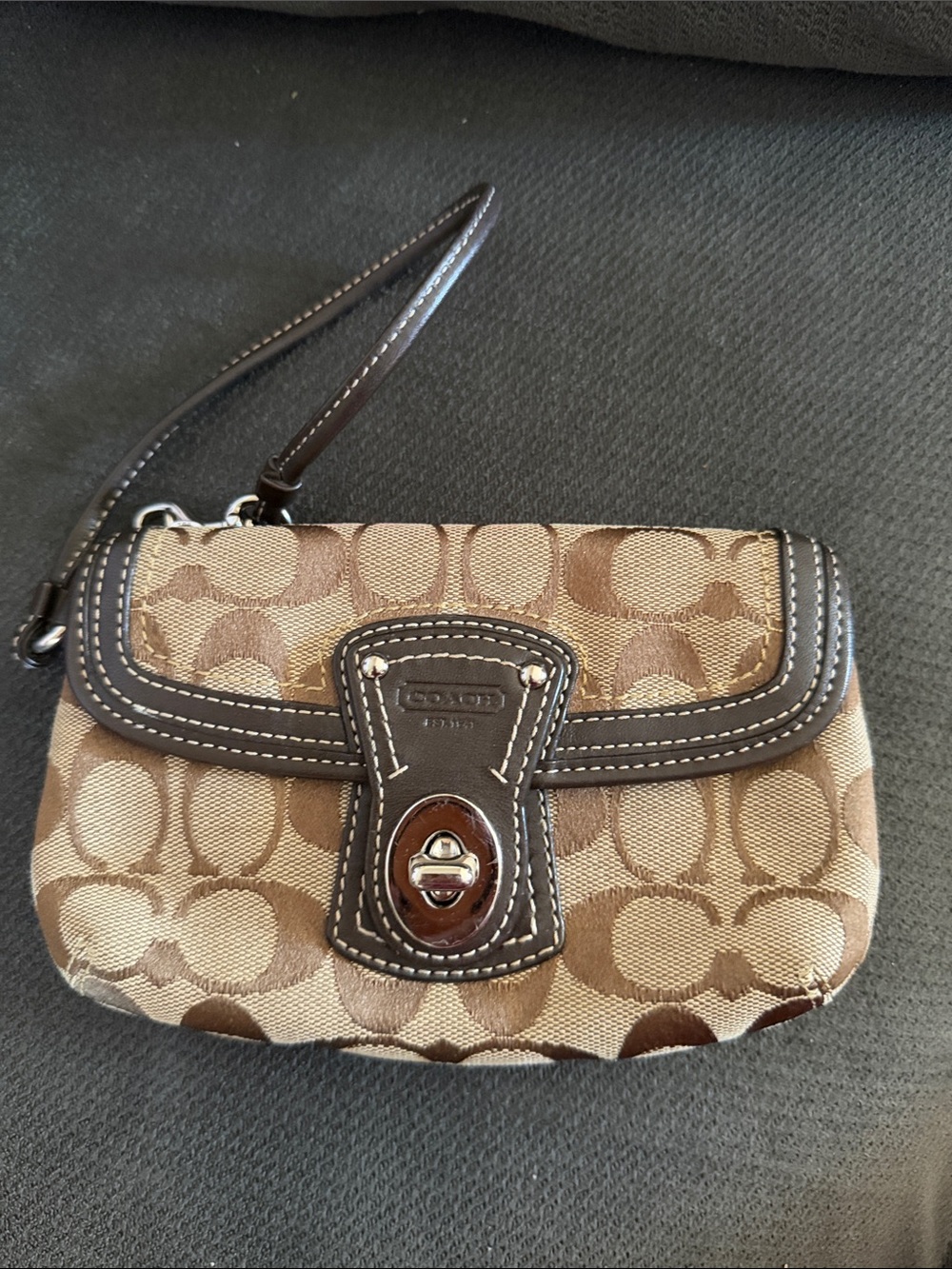 Coach Brown Signature Canvas Turn-Lock Wristlet